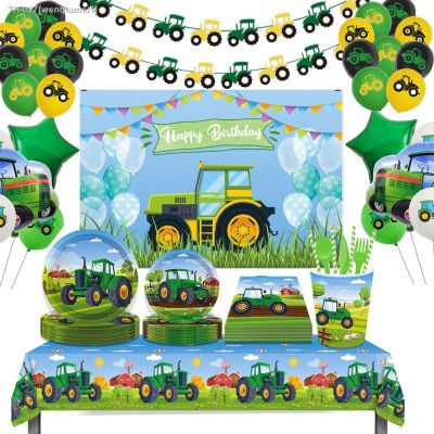℗ Green Tractor Party Supplies Disposable Tableware Cup Plate napkin Tablecloth Truck Vehicle Excavator Kids Birthday Party Decor