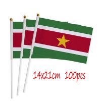 ZXZ Surinam hand Flag 100pcs 14*21cm Polyester Double Side Printing Surinam SR Hand waving Flag with plastic flagpole