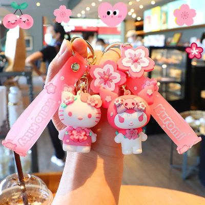 Sanrio Kawai  Kitty Keychain Cherry Blossom Pink Girl Collection Pendant Cinnamoroll Kuromi My Melody Decoration Gift Key Chains