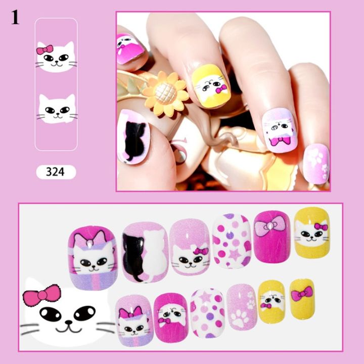 24pcs-kids-fake-nails-art-decor-children-detachable-oval-wearable-full-cover-self-adhesive-press-on-nail-tips-manicure-tools-hot