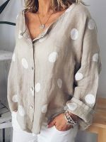 AWomen S Top Breathable V-Neck Long Sleeved Shirt Button Casual Comfortable Soft Dot Printed TopM