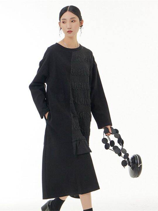 xitao-dress-long-sleeve-black-patchwork-casual-loose-dress