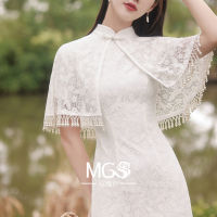 กระโปรง Qipao ฝรั่งเศสสีขาว2023ใหม่สไตล์สาธารณรัฐจีนหนุ่มสาวทุกวันปรับปรุงชุดเดรสแบบสั้นสาวคนดัง