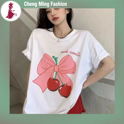 Cheng Ming เสื้อยืดคอกลมผูกโบว์,เสื้อผ้าฝ้ายท็อปส์สบายๆหลวมพิมพ์ลายเชอร์รี่หวานผู้หญิงแขนสั้นฤดูร้อน