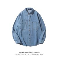 Tide brand retro solid color multi-pocket denim long-sleeved shirt mens street loose all-match casual jacket 【BYUE】