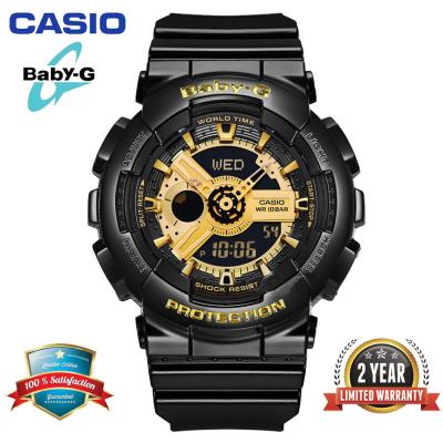 Original Baby-G BA110 Women Sport Watch Dual Time Display 100M Water Resistant Shockproof and Waterproof World Time LED Light Girl Sports Wrist Watches with 2 Year Warranty BA-110-1A Black Gold (Ready Stock)