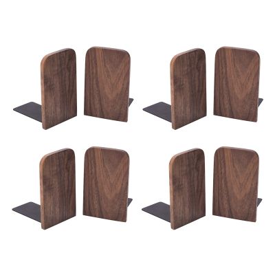 8Pcs Wooden Bookends with Metal Base Heavy Duty Black Walnut Book Stand with Anti-Skid Dots