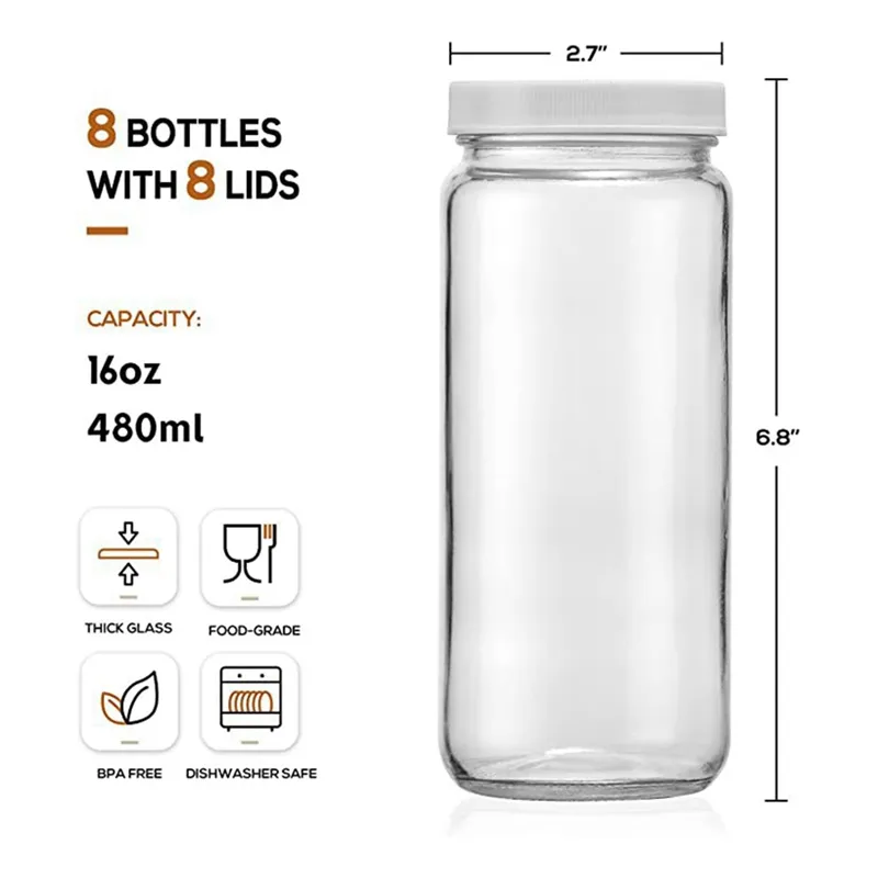 8pcs 16oz Glass Juice Bottles with Lids, Reusable Juice Containers Drinking