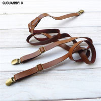 1.5*110เซนติเมตรกว้างวินเทจผู้ชาย Suspenders กางเกงสีน้ำตาล Y กลับ3คลิปปรับสายหนัง PU ผู้ชาย Suspenders จัดฟันคน