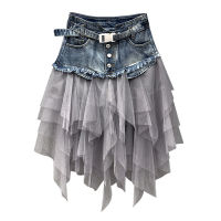 Summer Irregular Jeans Skirts Womens High Waist Tulle Skirt Long Denim Pleated Midi Skirts Mesh Patchwork Pockets Tassel Belt