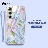 VRQR เคสโทรศัพท์สำหรับ Infinix Hot 11S NFC X6812 X6812B X622B X662 X689F สไตล์ภาพวาดภาพสีน้ำมันดอกไม้กรอบเคสนิ่มเคลือบอิเล็คโทรเพลทแบนพร้อมฟรีสายคล้อง