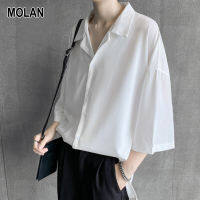 MOLAN  (Korea Style) แขนยาวสำหรับผู้ชายสบายๆหลวมคอชุดเสื้อปุ่มเสื้อด้านหน้าคลาสสิคTop Tee