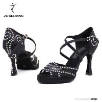 Women Latin Dance Shoes Tango Dance Shoes Rhinestone Wedding Shoes Salsa Shoes With Platform Black High Heel Jusedanc