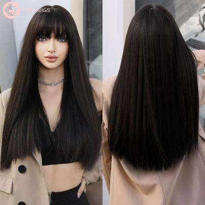 7JHH WIGS วิกผมยาวสีดำธรรมชาติพร้อมหน้าม้าตรงวิกผมสำหรับผู้หญิงวิกผมสังเคราะห์สีน้ำตาลเข้มทนความร้อนสำหรับใช้ประจำวัน