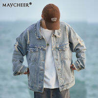 MAYCHEER   เสื้อวินเทจเสื้อแจ็คเก็ตสินค้าอเนกประสงค์แบบลำลองผ้าดิบมีขอบฉีกเป็นเดนิมแจ๊คเก็ตฤดูใบไม้ผลิและฤดูใบไม้ร่วง