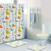 Childish Cartoon Dinosaur Pattern Bathroom Curtain Shower Curtain Set Cute Dino Art Bath Mats for Kid Toilet Accessories 180x200