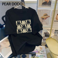 PEAR DODO เสื้อยืดแขนสั้นสำหรับผู้หญิงพิมพ์ลายคอกลมการ์ตูนเกาหลี