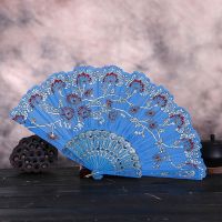 Retro Folding Flower Printing Hand Fan Chinese Style Folding Dance Fans Lace Fabric Silk Embroidery Hand Held Women Photo Prop