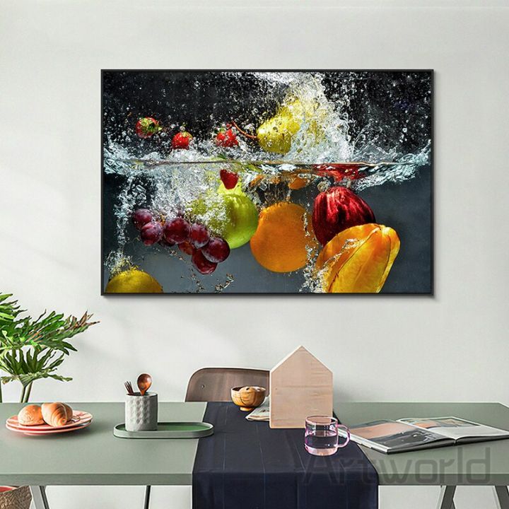 ผลไม้และผักสดในน้ำภาพวาดผ้าใบ-wall-art-โปสเตอร์พิมพ์ห้องครัวตกแต่งบ้าน