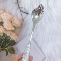 Sparkly Salad Spoon Fork Salad Spoon with Rhinestone Cute Silver Stainless Steel Cutlery Serving Spoon Unique Spoons Bling