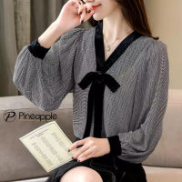 เสื้อแฟชั่นหญิงเสื้อเบลาส์โบว์หวานแขนพัฟเรียบง่ายน่ารัก Puff sleeve bow chiffon shirt 1158