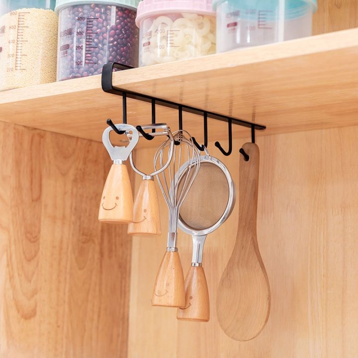 Iron 6 Hooks Storage Shelf Wardrobe Cabinet Metal Under Shelves Mug Cup  Hanger Bathroom Kitchen Organizer