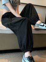 Black pleated ice silk cool trousers summer thin womens trousers casual all-match leg bloomers cropped sweatpants