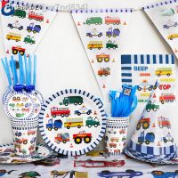 Construction Trucks Engineering Cars Party Disposable Tableware Set Plate cup banner Birthday Party Decorations Kids Cake Decor