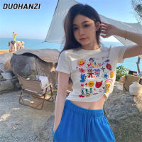 เสื้อยืดแขนสั้นพิมพ์ลายการ์ตูน DUOHANZI สำหรับผู้หญิงแจ็คเก็ตสั้นสั้น