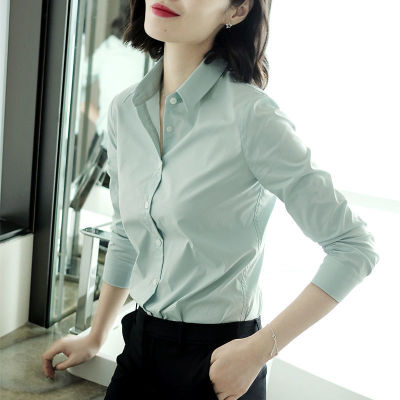 New Womens Long-Sleeved Shirt Solid Color Cotton Professional Tallow Green Slim-Fit Commuter Shirt Spring And Autumn Womens Fashion