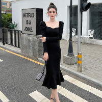 French Vintage Black Split Women Dress Spring Long Puff Sleeve Slim Waist Party Dress Female Bodycon Dress