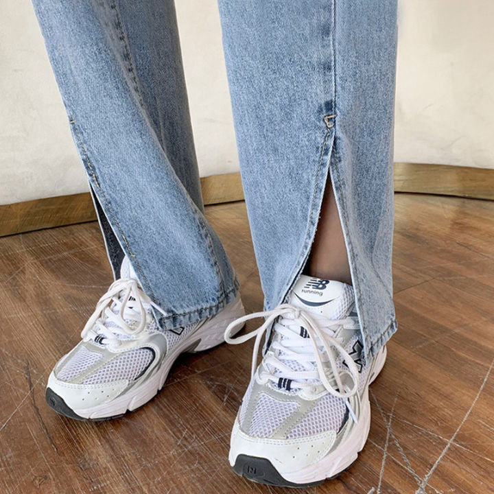 พร้อมส่ง-880-มีไซส์-s-2xl-กางเกงยีนส์ผู้หญิง-ขาบานปลายขาผ่า-เอวสูง-สไตล์เกาหลี-กางเกงยีนส์ขายาว