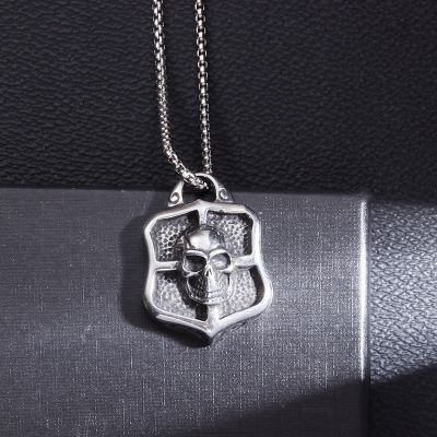Vintage Gothic Skull Shield Cross Pendant for Men and Women Stainless Steel Punk Necklace Halloween Jewelry Accessories