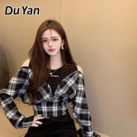 Du YAN เสื้อเชิ้ตลายสก๊อตแขนยาว2ชิ้นพิมพ์ลาย Cewek Seksi เสื้อจดหมาย,กางเกงขาสั้นสลิมฟิตแต่งลายคอกลมต่อกัน