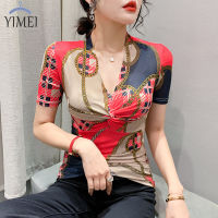 YIMEI เสื้อยืดคอวีแฟชั่นแขนสั้นพิมพ์ลายสำหรับผู้หญิง,2023ทรงพอดีตัวเสื้อยืดผ้าตาข่ายใหม่ฤดูร้อน