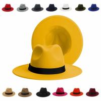 ผู้หญิงผู้ชายเหลือง Fedora หมวก U Ni ขนสัตว์รู้สึกแจ๊สหมวกที่สง่างามสีดำวงปีกกว้างปานามาสักหลาดหมวก