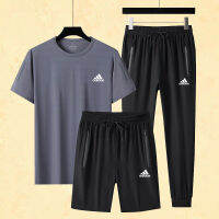 พร้อมสต็อก ADIDASeˉ   แฟชั่นผู้ชายเต็มชุดผู้ชายเสื้อยืด + กางเกงขาสั้น + กางเกง ชุดผู้ชายฤดูร้อน 3 ชิ้น