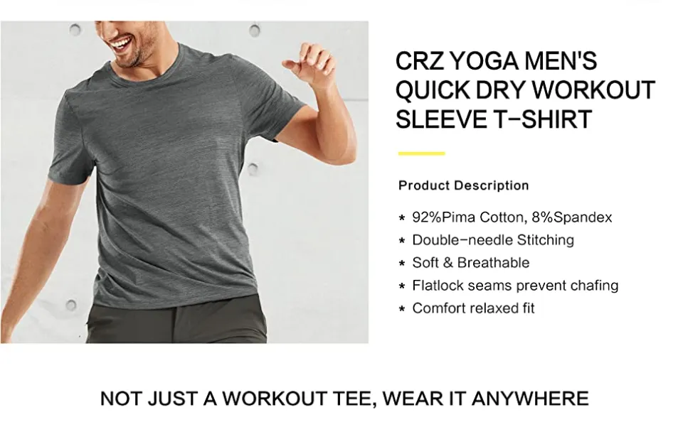 CRZ YOGA Men's Lightweight Pima Cotton Short Sleeve Athletic T-shirts  Workout Quick Dry Loose Fit Tees 