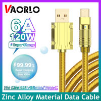 VAORLO 120W 6A ชาร์จเร็วสุดๆสายชาร์จเกม1/1.5/2M ซิลิโคนเหลว Type-C ไมโคร USB ไลท์นิ่งโลหะผสมสังกะสีปลั๊กสายข้อมูลกับสายหนังสามารถใส่ได้กับ iPhone สมาร์ทโฟนแอนดรอยด์