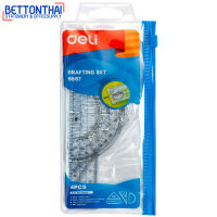 Deli 9597 Drafting set 4 pcs Ruler Set Squares Protractor 15 cm Transparent ชุดไม้บรรทัดนักเรียน 4 ชิ้น ยี่ห้อ Deli