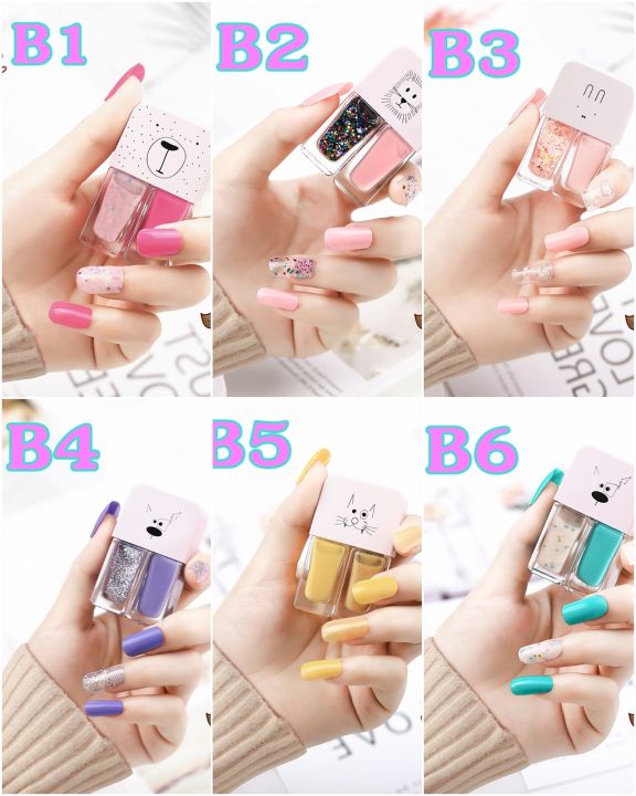 สีทาเล็บกึ่งเจล-2-in-1-สีทาเล็บ-น้ำยาทาเล็บ-แพ็คคู่-ยาทาเล็บ-ใช้งานง่าย-แห้งไว-ไม่ต้องอบ-พร้อมส่ง