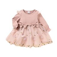 Toddler Baby Girl Autumn Sweet Dress, Long Sleeve Round Neck Flower Embroidered Tulle Patchwork A-Line Dress with Bow 3M-3T  by Hs2023