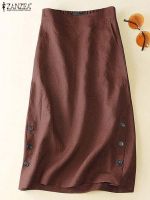 【CC】◘♣♀  ZANZEA Elastic Waist Faldas Color Skirt Leisure Buttons Jupes Fashion Cotton Skirts