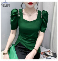 YIMEI Korean Bubble Sleeve T-shirt for Women 2023 French Square Neck Top for Women Summer New Cotton Beautiful Irregular Womens T-shirt