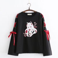 Neploe Autumn Japanese Long Sleeve T Shirt Cartoon Printed Tshirt Harajuku Cross Bowknot Bandage T-Shirts White Black Tops 54300