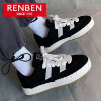 RENBEN รองเท้าคู่รักสไตล์ฮ่องกง,รองเท้าสีดำเล็กสเก็ตบอร์ดเล่นกีฬาลำลองสำหรับนักเรียน Ulzzang