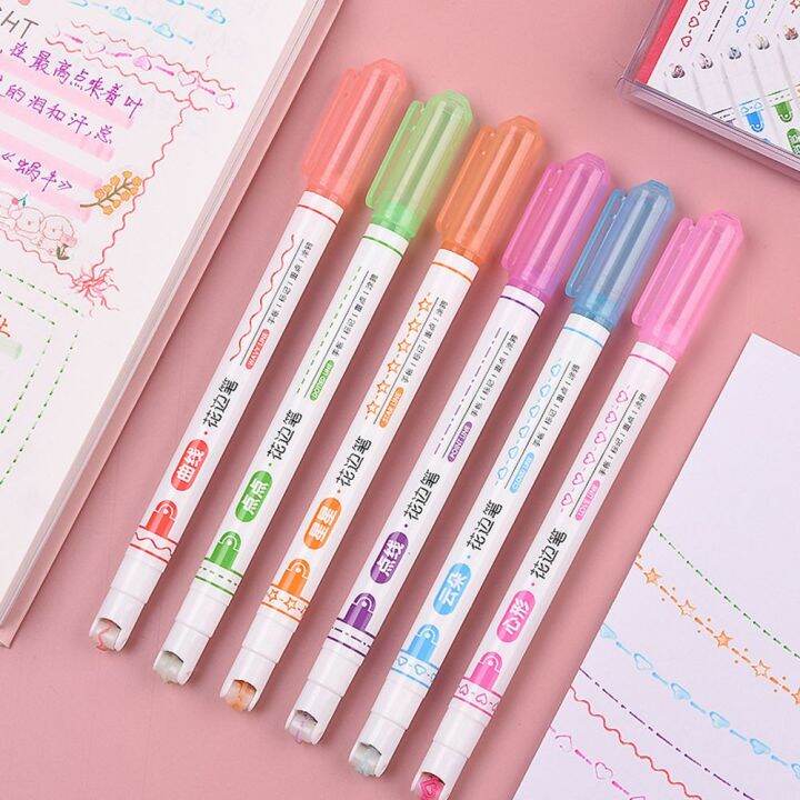 3-6pcs-line-shaped-highlighter-ปากกาที่มีสีสัน-roller-tip-curve-liner-marker-ความแปลกใหม่เครื่องเขียนโรงเรียน-graffiti-art-ปากกา-yrrey