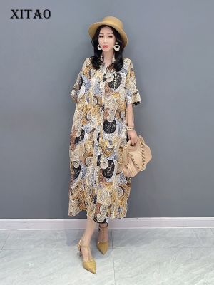 XITAO Dress Loose Women  Print Shirt Dress