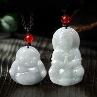 ZZOOI Natural Emerald Guanyin Buddha Pendant Necklace Jewelry Fashion Hand-Carved Man Woman Luck Amulet Gifts Sweater Chain