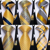 ♤ DiBanGu Mens Tie Yellow Striped Silk Wedding Tie For Men Hanky Cufflink Tie Set Fashion Bussiness Party Dropshipping New Design